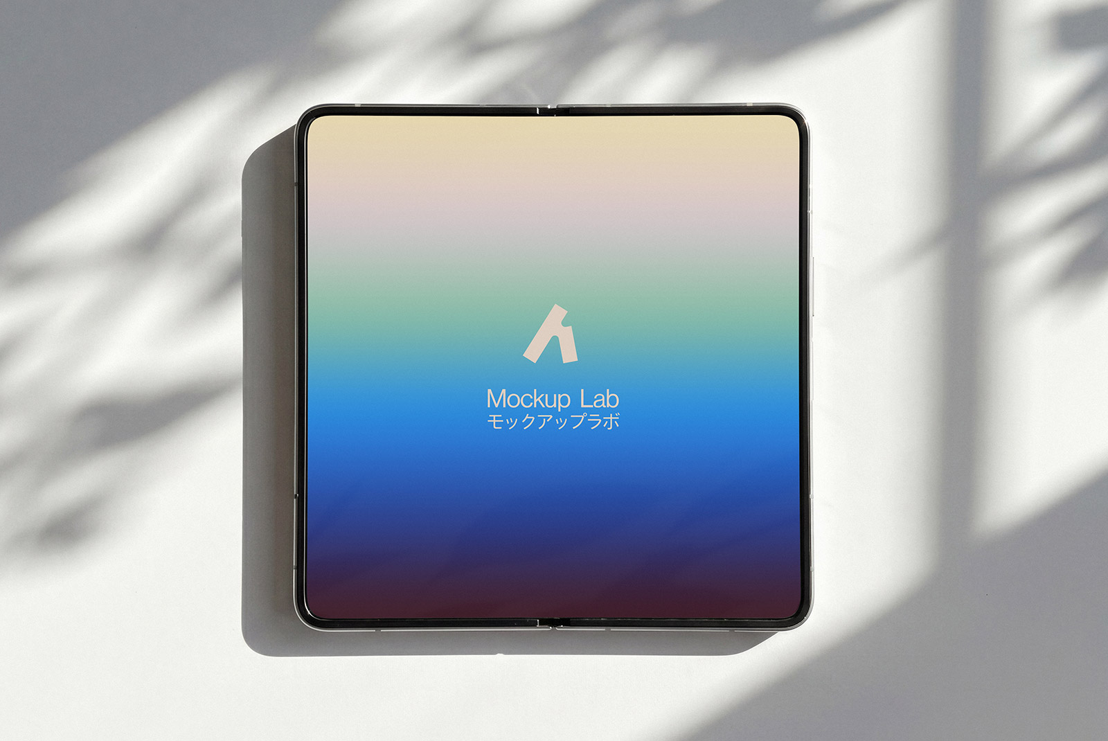 Fold phone mockup displaying a vibrant app interface on a clean background.